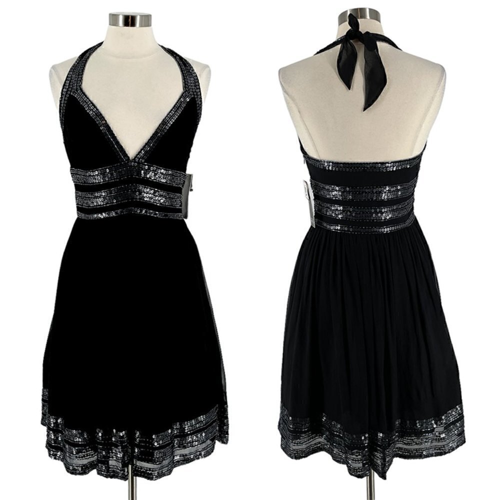 SALE NWT Adrianna Papell Black Silk Beaded Halter Cocktail Party Dress 10